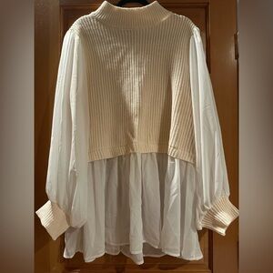 Eloquii Cream Twofer Knit Sweater with Chiffon